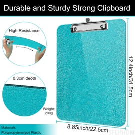 A4 Glitter Clipboard,Clear Glitter Clipboards,Clip Boards 8.5x11 with Low Profile Clip,Plastic Clipboard with Pen Holder,Cute Hanging Clip Board for Office School Supplies Sparkly Clipboards (Green)