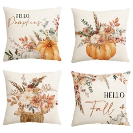 Avezano Autumn Pumpkin Cushion Covers 45 x 45 cm Fall Pumpkin Floral Decorative Throw Pillow Covers Thanksgiving Harvest Pillow Case for Sofa Bed Home Garden Patio Decor Set of 4