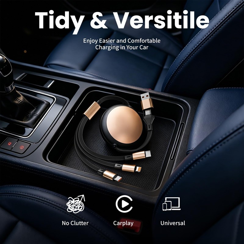 3 in 2 Multi Charging Cable, Retractable Car Charger for
