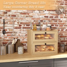 Alpeir Double Layer Large Bread Box for Kitchen Counter, Wooden Corner Bread Storage Container with Acrylic Window, Original