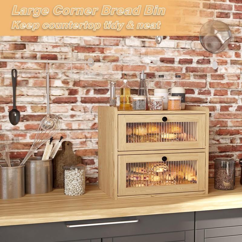 Alpeir Double Layer Large Bread Box for Kitchen Counter, Wooden
