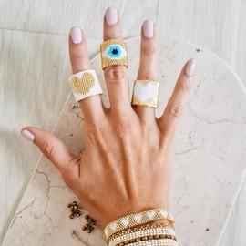 KELITCH Evil Eye Rings Stackable Rings Miyuki Rings Handmade Woven Beads Circle Rings Fashion Jewellery, Crystal