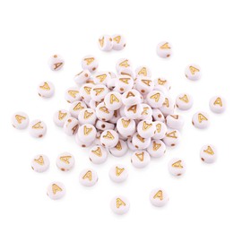 Cheriswelry 50g/360pcs Flat Round Letter Alphabet Beads with Gold Letter A Acrylic Disc Coin Pony Bead Spacers for Kids Girl Jewelry Kandi Bracelet Necklace Keychain Making 7mm