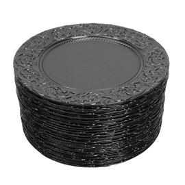 RocoReny Antique Charger Plates Set, 100 Pcs 13in Plastic Embossed Dinner Plate, Round Phoenix Pattern Elegant Floral Plates for Dinner Wedding Party Event Table Setting Decoration (Black)