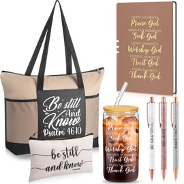 Shinylin 7 Pcs Christian Gift Set for Women Inspirational Presents with Glass Cup, Tote Bag Makeup Bag Notebook Pen(Beige)