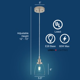 Linea di Liara Fiorentino Large Glass Pendant Light Fixture Modern Farmhouse Bell Shaped Kitchen Pendant Lighting Over Island Brushed Nickel Pendant Light Shade Over Sink Lighting, Bulb Included