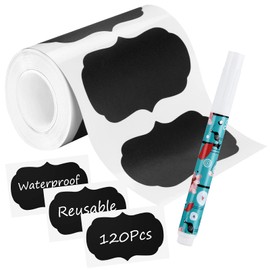 Chalkboard Labels, Waterproof Blackboard Reusable Sticker Label with 1 Erasable Chalk Liquid Markers, 120 Pcs Removable Stickers for Storage Bins, Mason Jars, Bottle, Pantry, Office (F-Strange Shape)