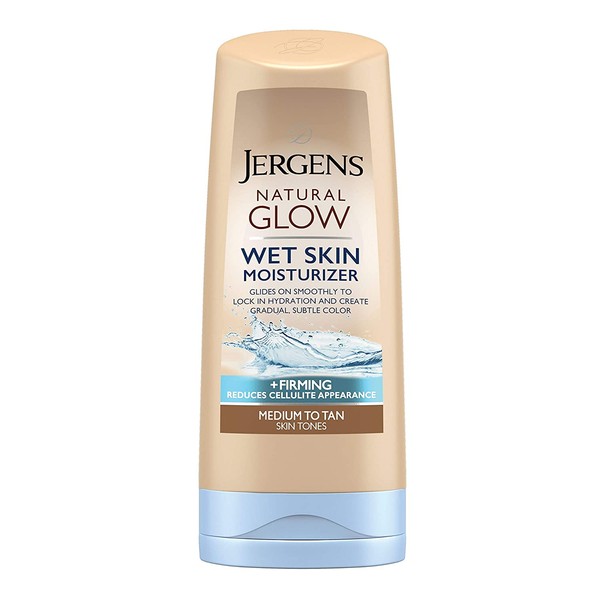 Jergens Natural Glow +FIRMING In-shower Sunless Tanning Lotion, Self Tanner for Medium to Tan Skin Tone, Anti Cellulite Firming Body Lotion, for Gradual and Natural-Looking Fake Tan, 7.5 Ounce