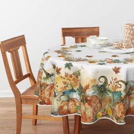 Horaldaily Fall Tablecloth 60×60 Inch Round, Thanksgiving Autumn Harvest Orange Pumpkin Leaves Washable Table Cover for Party Picnic Dinner Decor