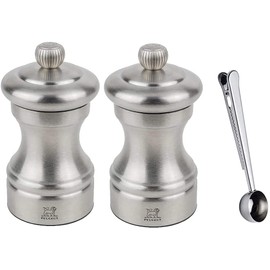 Peugeot Bistro Chef Manual Salt & Pepper Mill Gift Set Stainless Steel 10 cm - 4in - With Stainless Steel Spice Scoop/Bag Clip (Salt & Pepper Mill Set)