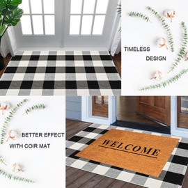 Cekene Buffalo Checkered Black and White 60×130cm Checked Runner Rug Cotton Woven Front Door Mat Indoor Rugs for Entrance Washable Outdoor Carpet