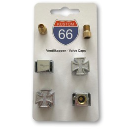 Set of 4 Valve Caps + 2 Bicycle Adapters – Iron Cross Silver – Suitable for Any Car, Motorcycle and Bicycle