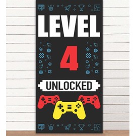Level 4th Unlocked Happy 4th Birthday Level Up Banner Backdrop Background Photo Booth Props Video Games Gamepad Theme Decor for Boys Girls 4th Birthday Party Favors Supplies Decorations