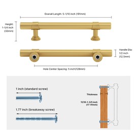 Haliwu Gold Cabinet Pulls, 6 pack 5 inch Hole Spacing Gold Cabinet Handles, Brushed Brass Cabinet Handles Gold Dresser Pulls Drawer Handles, Kitchen Barrel Cupboard Cabinet Pulls