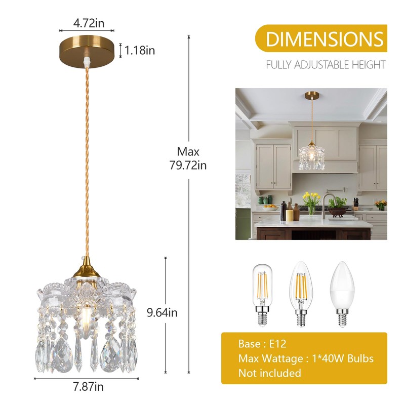 JXJYHL Brass Vintage Glass Pendant Light Crystal Pendant Lights Kitchen