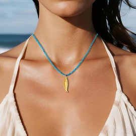 TACBSP Blue Beaded Fish Necklace for Women Beach Blue Crystal Adjustable Sardine Pendant Necklaces Boho Gold Fish Choker Necklace Summer Ocean Jewelry Gift for Women (Blue Beaded Fish)