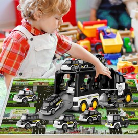 Police Car Toys for Toddlers 3-5 Years Old 7 in 1 Friction Power Toy Car with Police Truck, Lights and Sounds Christmas Emergency Vehicle Toy Set for Boys & Girls Birthday Gifts