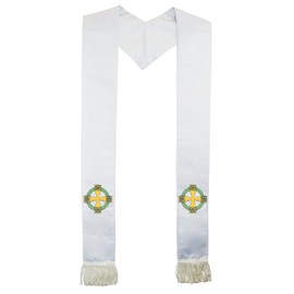 White Clergy Stole with Embroidered Celtic Cross Symbol [MADE IN USA] | 100% Polyester Pastor or Clergy Sash, Stole, or Scarf for Ministers, Priests, & Weddings | 80” Long
