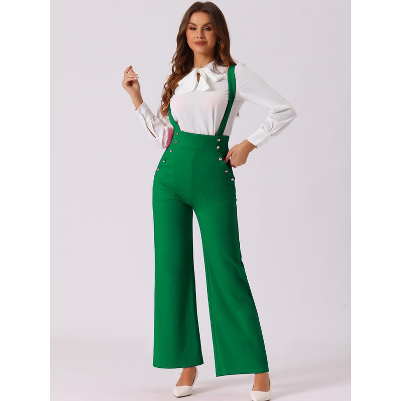 [Allegra K] Women's Suspender Jumpsuit Overalls Office Adjustable Straps Wide