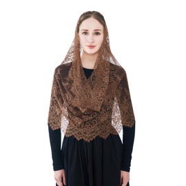 Wgior Spanish Infinity Veils for Church Lace Chapel Veils Catholic Church Veil Latin Mass Head Covering Scarf Mantilla (Brown)
