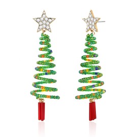 ENSKEFEN Christmas Tree Earrings for Women Dazzling Crystal Star Xmas Tree Earrings Colorful Beads Elastic Christmas Tree Dangle Earrings