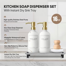 NEECZS Kitchen Soap Dispenser Set with Instant Dry Tray,16 Oz Hand and Dish Soap White Glass Dispenser Set,Stainless Steel Pump,Waterproof Labels&Dish Brush,Luxury Soap Bottle for Kitchen,Bathroom