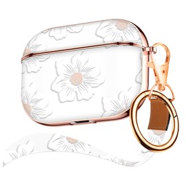 Maxjoy for Airpods Pro case Cover,Cute Electroplating with Gold Heart Pattern with Lanyard Shockproof Cover for Girls Woman Airpods Pro case-White Trumpet Flower