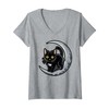 Womens Mystical Black Cat and Moon Scene V-Neck T-Shirt