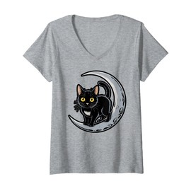 Womens Mystical Black Cat and Moon Scene V-Neck T-Shirt
