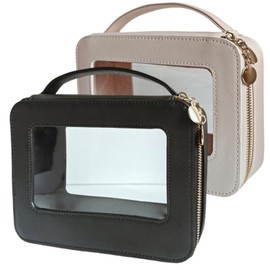 Spindro 2 Pack Clear Makeup Bag Set, Portable Toiletry Bags for Women Clear Cosmetic Bag With Zipper,Small Travel Make Up Case Waterproof Organizer Transparent Car Bag for Essentials(Beige,Black)