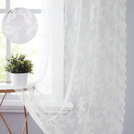 Floral White Lace Sheer Curtains for Bedroom Living Room 120" Pastoral Rose Voile Tulle Window Treatment Sets Wedding Embroidered Light Filtering Drapes for Garden Patio 55" W Rod Pocket, 2 Panels