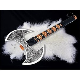 SHINY CRAFTS- Camping Axe Tomahawk Viking Bearded Axe Christmas gifts-27 Long Odin's Double Edge Head Viking Axe Twin Blade Axe with Ash Wood Handle with Genuine Leather Sheath (VBA-0013)