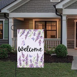 Spring Summer Garden Flag 12x18 Inch Double Sided Welcome Butterfly Lavender Flowers for Outside Yard Decoration Small