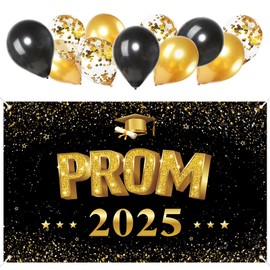 Prom Decorations 2025 Prom Banner with Balloons Black Gold Extra Large Fabric 180x110cm Class of 2025 Primary Middle High School Graduation