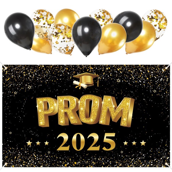 Prom Decorations 2025 Prom Banner with Balloons Black Gold Extra