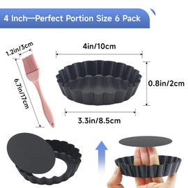 Urxirha 6 Pack Mini Fluted Tart Pans 4 Inch with Removable Bottom, Nonstick Quiche Pan with Silicone Basting Pastry Brush for Baking Treats, Pie, Quiches, Tartlets