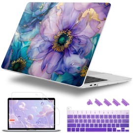 Lepeoac Case for MacBook Pro 13 inch with/Without Touch Bar (2016-2022, M2 A2338 M1 A2289 A2251 A2159 A1989 A1706 A1708), Hard Shell + Keyboard Cover + Dust Plug, Fluid Art Flowers
