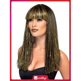 Smiffys Egyptian Goddess Wig, Black with Gold Tinsel, Legends & Myths Fancy Dress, Ancient Egypt Dress Up Wigs