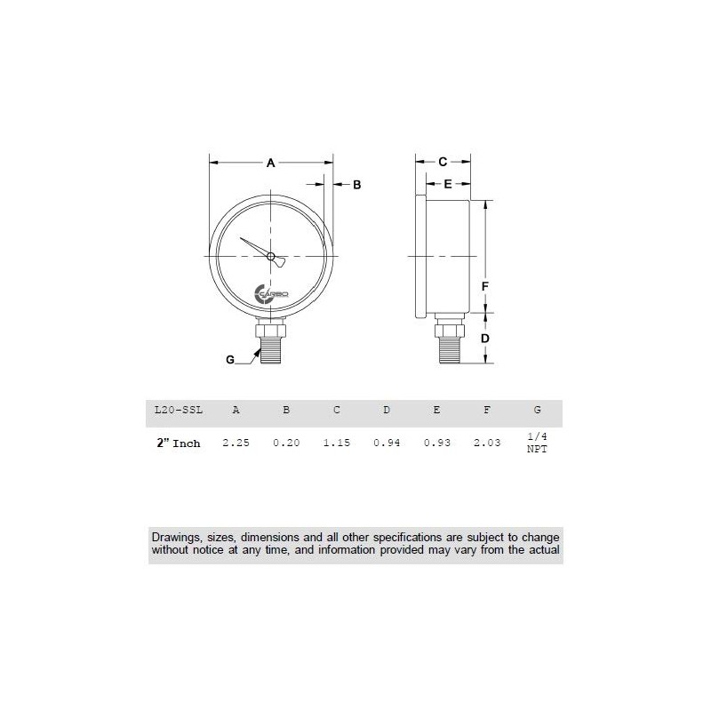 CARBO Instruments 2" Pressure Gauge, Stainless Steel Case, Chrome Plated
