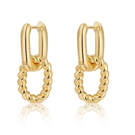 BERISO Gold Hoops Earrings for Women,14K Gold Plated Twisted Rope square Hoop Earrings for Women Dainty Chunky Gold Earrings