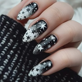 Short Press on Nails Black and White Fake Nails Almond Shaped Acrylic Nails Cute Stars False Nails with Gradient Designs Full Cover Glossy Stick Glue on Nail for Women Girls 24PCS