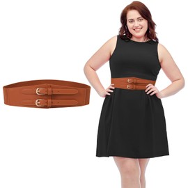 AWAYTR Wide Waist Belts for Women Dresses - Double D-Ring Elastic Stretchy Belt Leather Wide Belts Ladies Cinch Belt, Brown, XL:37-49"