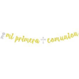 Mi Primera Comunion Banner, Baptism Decor for Baby Boy, My 1st Communion Decorations, Boy 1st Birthday Party Decorations, Christening Baby Shower Decor Gold Glitter