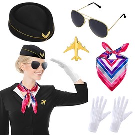Pilot and Flight Attendant Accessories for Adult Men and Women Costume Accessory Stewardess Outfits Bellhop Hat Scarf Sunglasses Gloves (Black)
