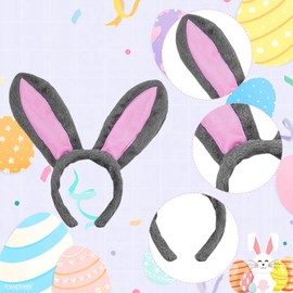 Rabbit Ears Headband Set, Easter Rabbit Ears Headband with Bow Tie Tail, Bunny Costume Accessory for Women Girls Easter Carnival Cosplay Party (Grey)