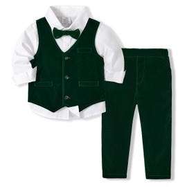 Volunboy Toddler Gentleman Wedding Guest Outfits Formal Bowtie Vest Ring Bearer Birthday Dress Shirts Pants Set (Velvetgreen, 3-4T)