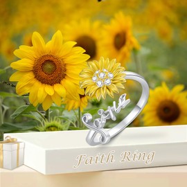925 Sterling Silver Sunflower Faith Ring Faith Adjustable Band Ring Gifts for Women, Sterling Silver, Cubic Zirconia