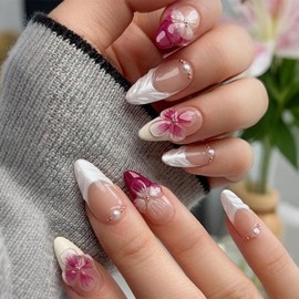 CECOBAG White Floral French Tip Fake Nail Medium Apricot Pearlized Fake Nail Glossy Full Coverage Spring Ladies Nail Art Set 24pcs