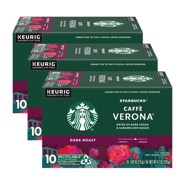 Starbucks Coffee K-Cup Pods, Caffè Verona, Dark Roast Coffee with Notes of Dark Cocoa & Caramelized Sugar, Keurig Genuine K-Cup Pods, 10 CT K-Cups/Box (Pack of 3 Boxes)