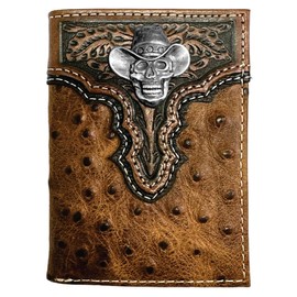 Custom Cowboy Skull ARIAT Tooled Ostrich Trifold Wallet